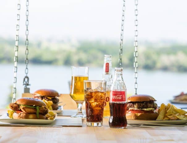 Hamburger at Erodios cafe bar with kerkini lakeview